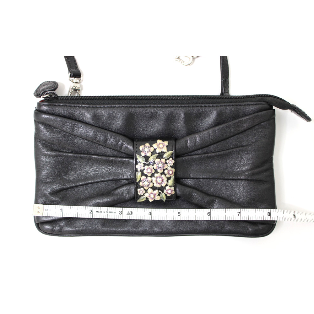 BRIGHTON Clutch Mini Purse Bag Wristlet Black Leather Floral Adorned BOW - Picture 7 of 8